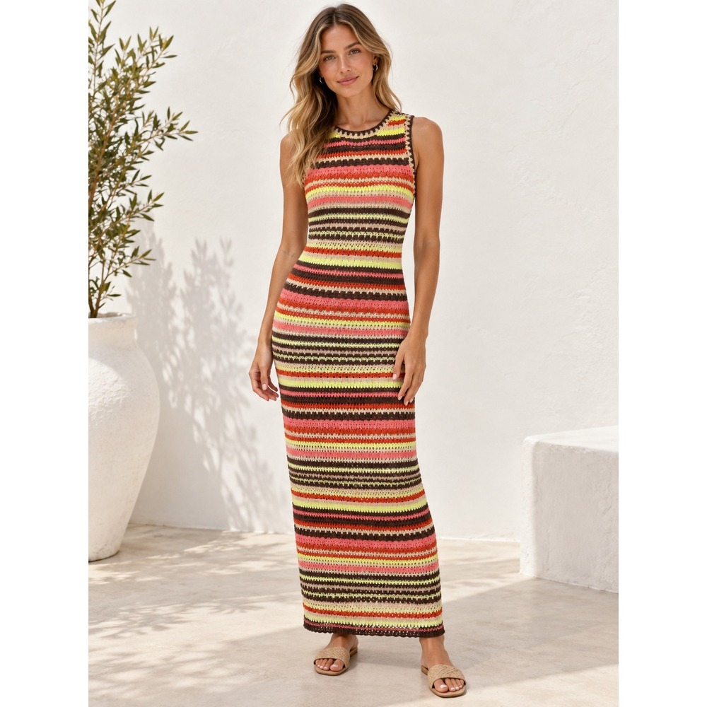 Rails Crochet Maxi Dress Womens XS Boho Retro Striped Knit Sleeveless Bodycon